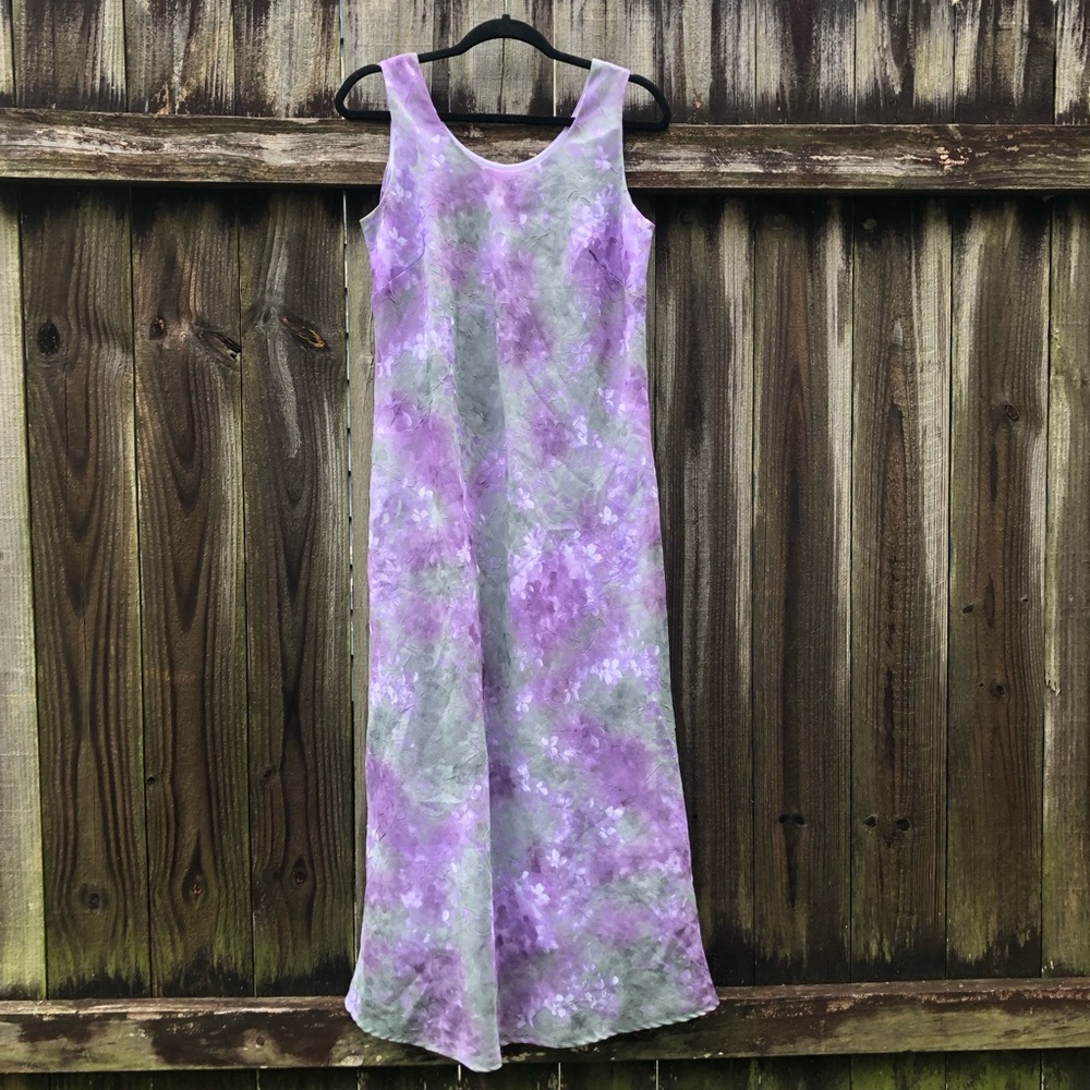 Vintage 90s Watercolor Floral Crinkle Fairy Dress Size 12 Purple Green